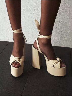 Women's Cream Platform Knot Ankle-Tie Heels
